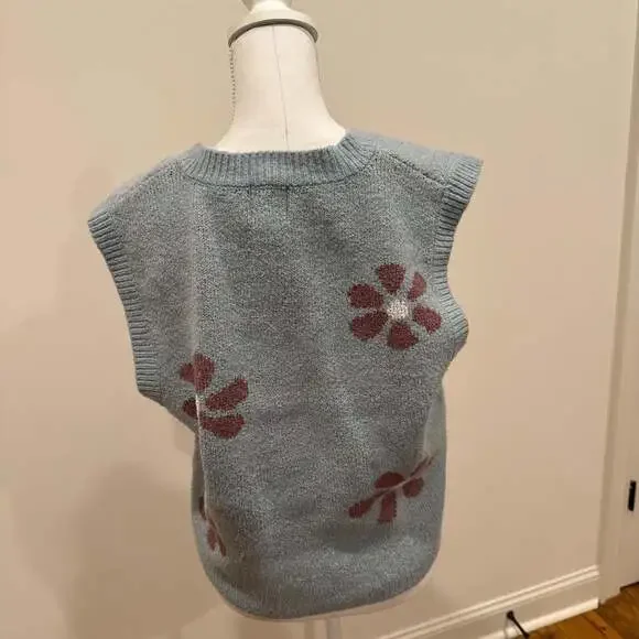 Hippie Rose Floral Sleeveless Sweater Vest Grey with Blue and Purple Flowers - Picture 2 of 4